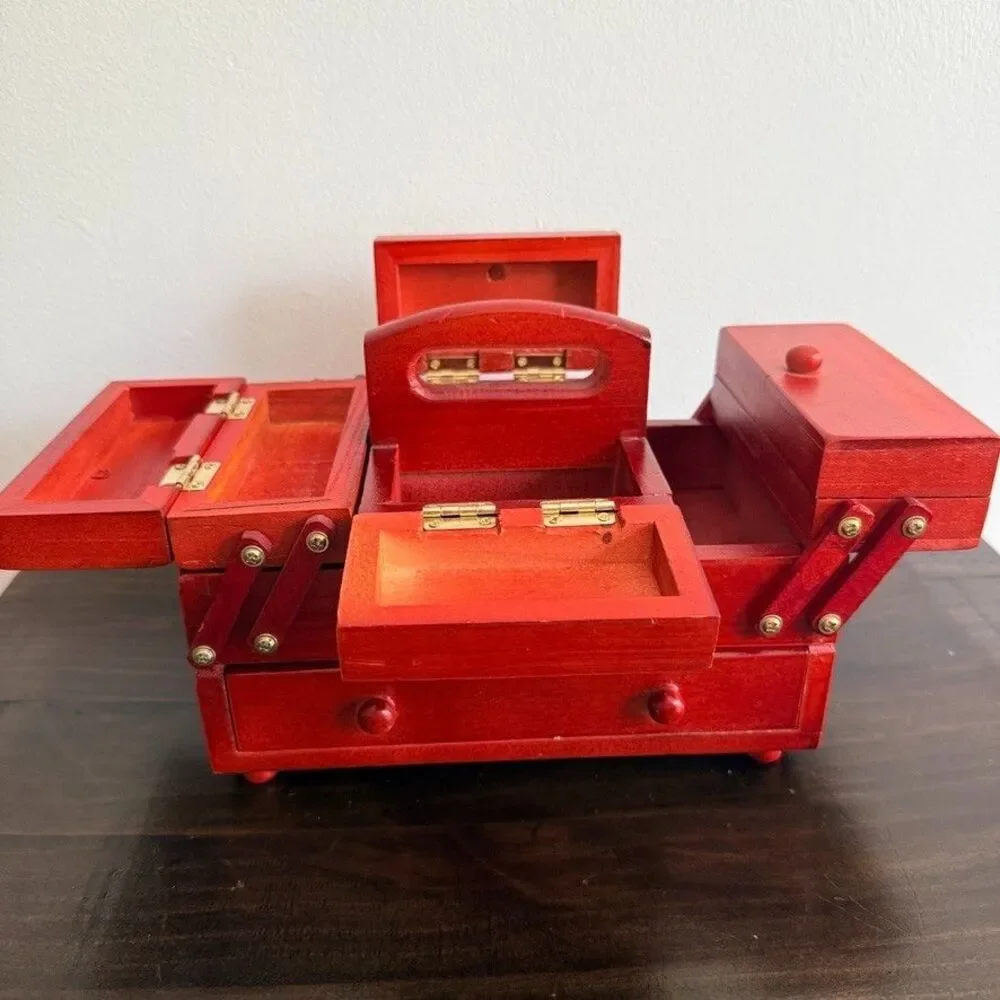 Vintage Red Wooden 2 Tier Cantilever/Accordion Sewing Kit w/feet includes thread